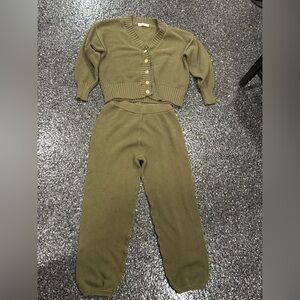 ANRABESS Women 2 Piece Outfit Waffle Knit Cardigan Sweater Pants Lounge Set L